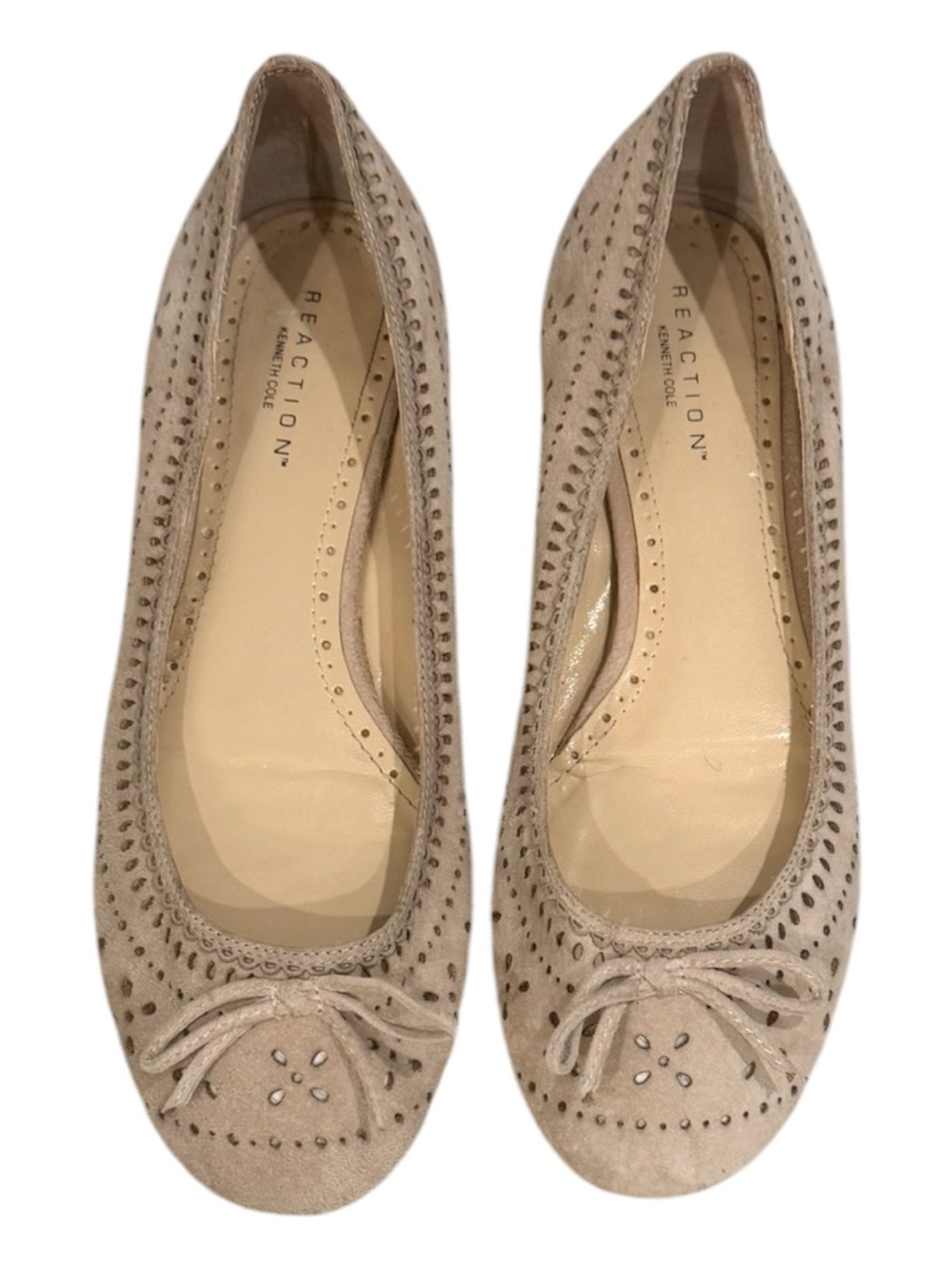 Kenneth Cole Reaction Taupe Suede Perforated Ballet Flats with Bow